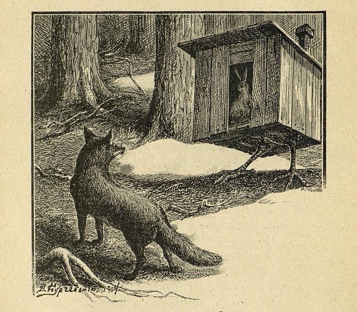 Лиса, заяц и петух (Заюшкина избушка) — старинная иллюстрация